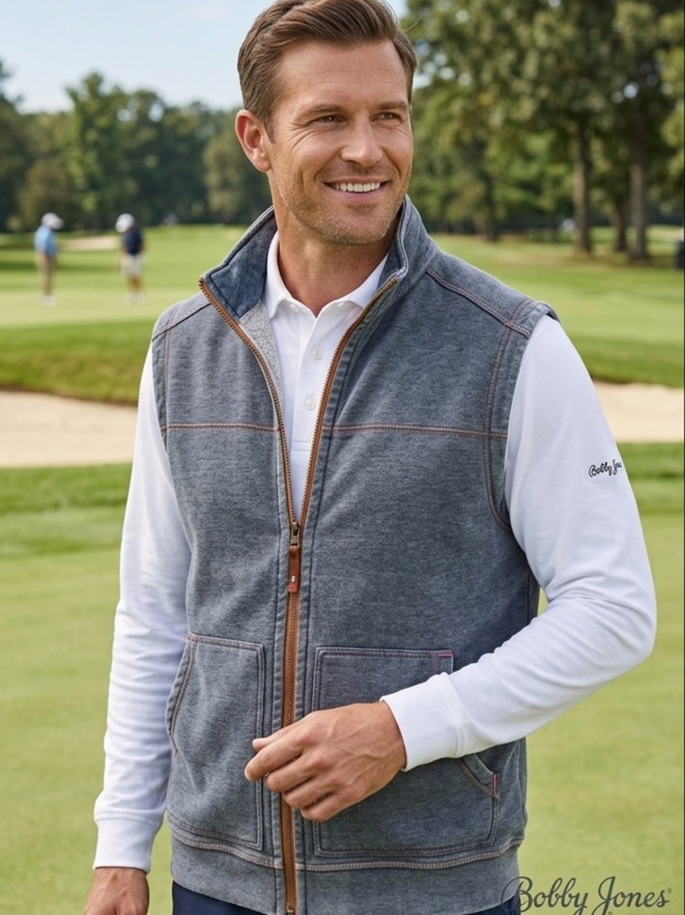 Bobby Jones Mens Full Zip Fleece Vest Navy Blue Orange XL Mock Neck Pockets - Picture 1 of 6